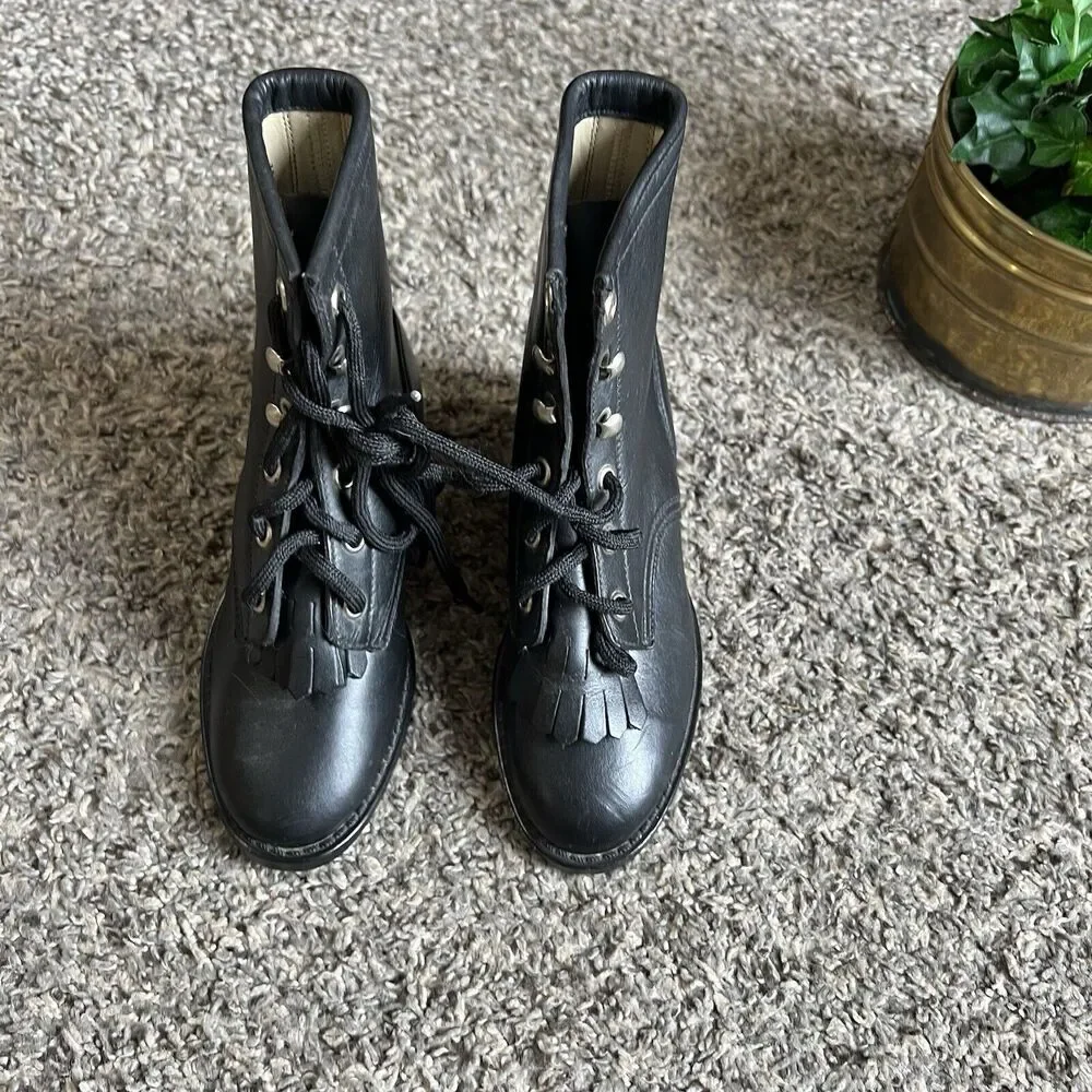 Vintage Kids Black Leather Western cowboy Boots Size 10.5 kiltie Lace Up new
